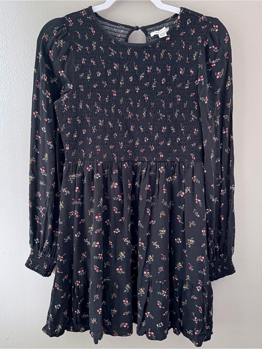 American Eagle Black Floral Smocked Long Sleeve Mini Dress XS